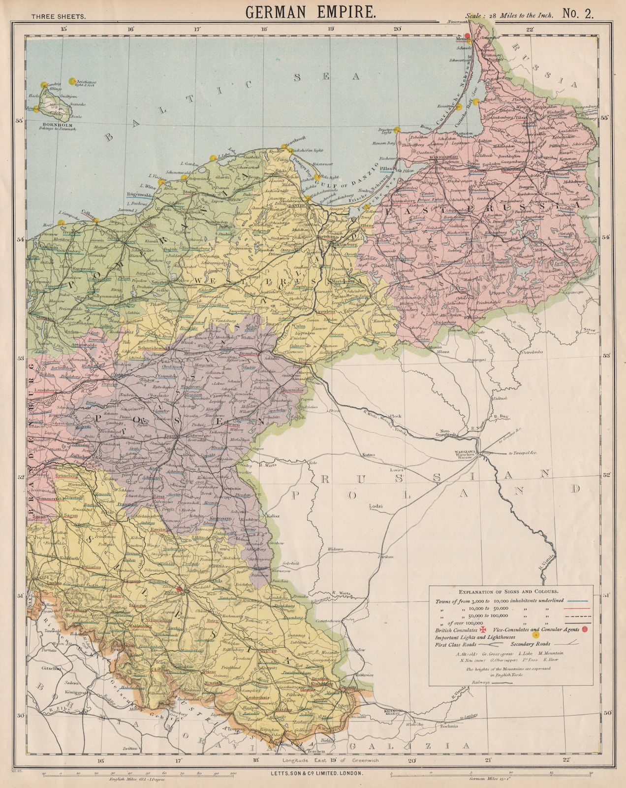 EAST GERMAN EMPIRE. Prussia Poland Posen Silesia Pomerania. LETTS 1889 old map